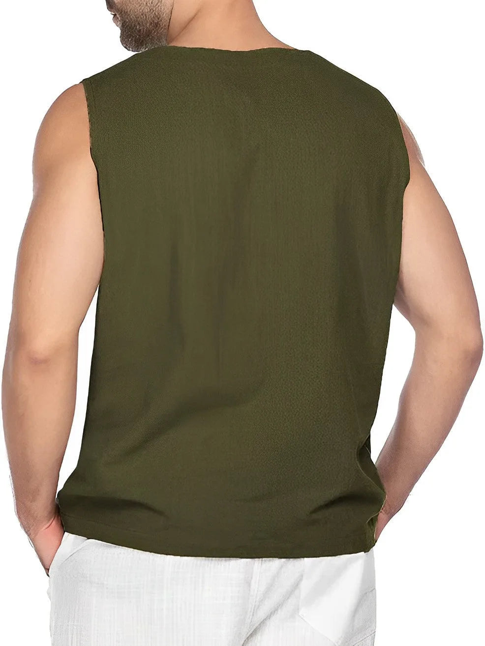 Back view of the army green sleeveless top showing the plain relaxed fit across the shoulders