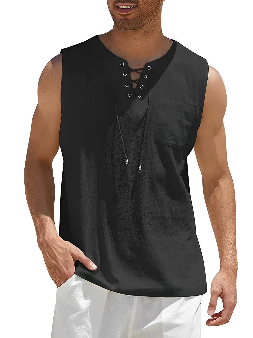 Front view of the sleeveless lace-up top in black with drawstring neckline and patch pocket