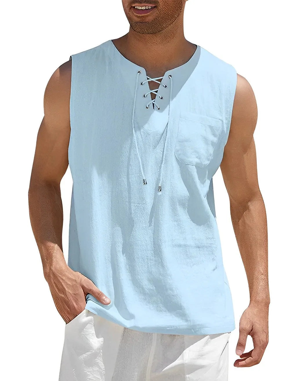 Model wearing the sleeveless lace-up top in a pale sky blue shade with chest pocket detail
