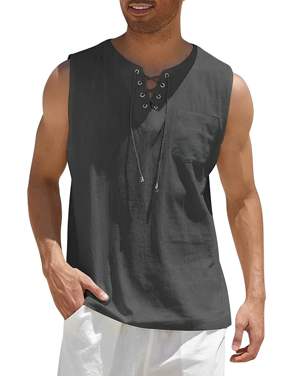 Close front view of the sleeveless lace-up top in charcoal grey with corded neckline ties