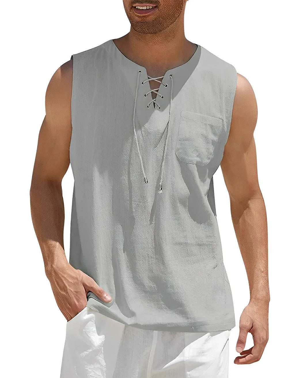 Sleeveless lace-up top shown in light grey, highlighting the textured woven fabric