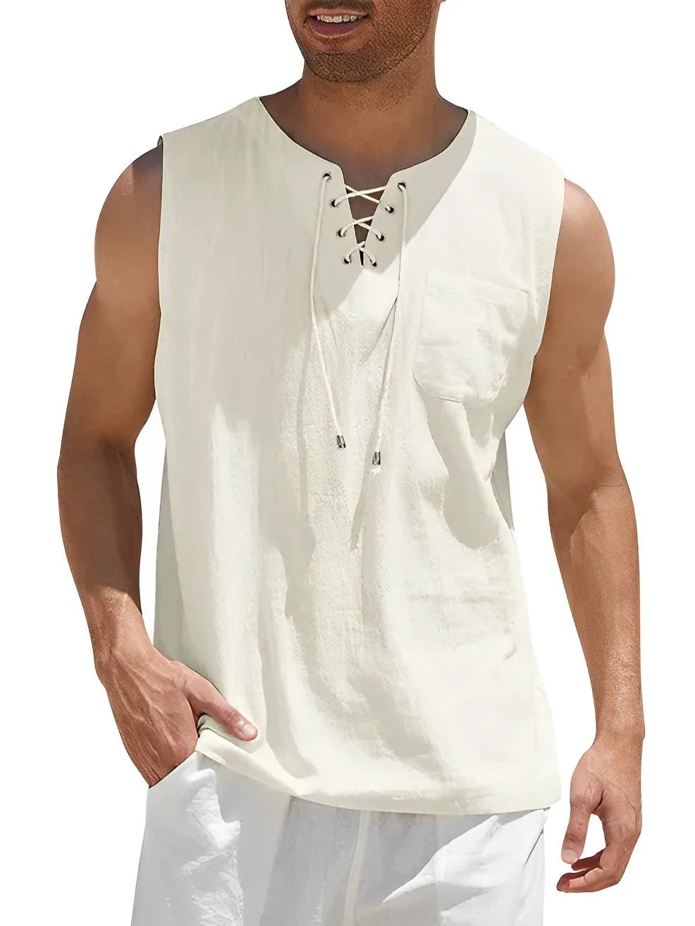 Sleeveless lace-up top in cream, showing the relaxed drape and V-neck lacing detail