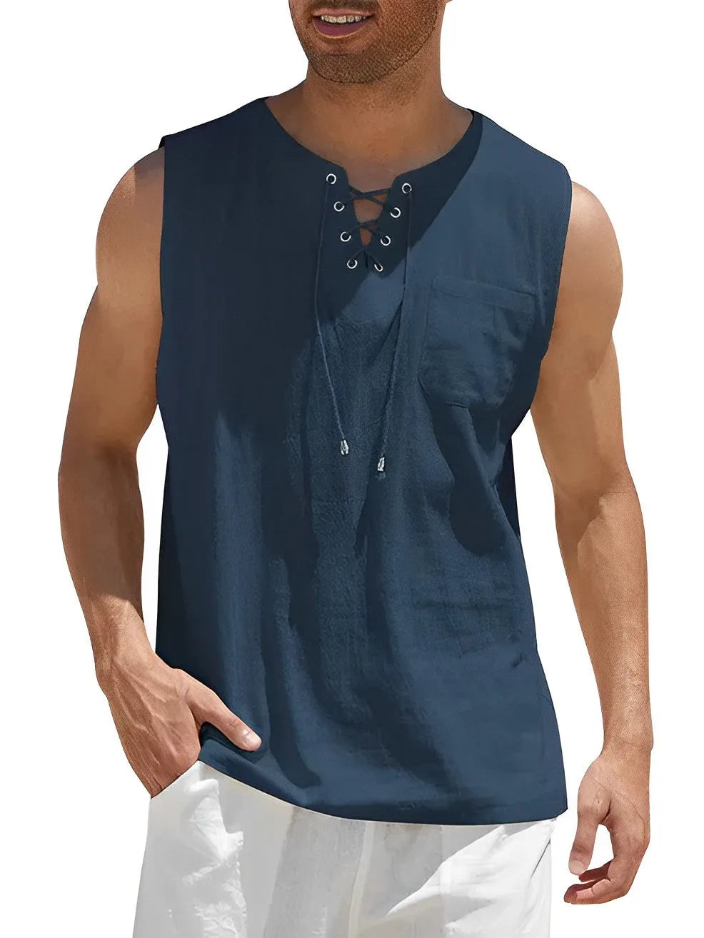 Close-up of the lace-up neckline hardware and eyelets on the sleeveless top