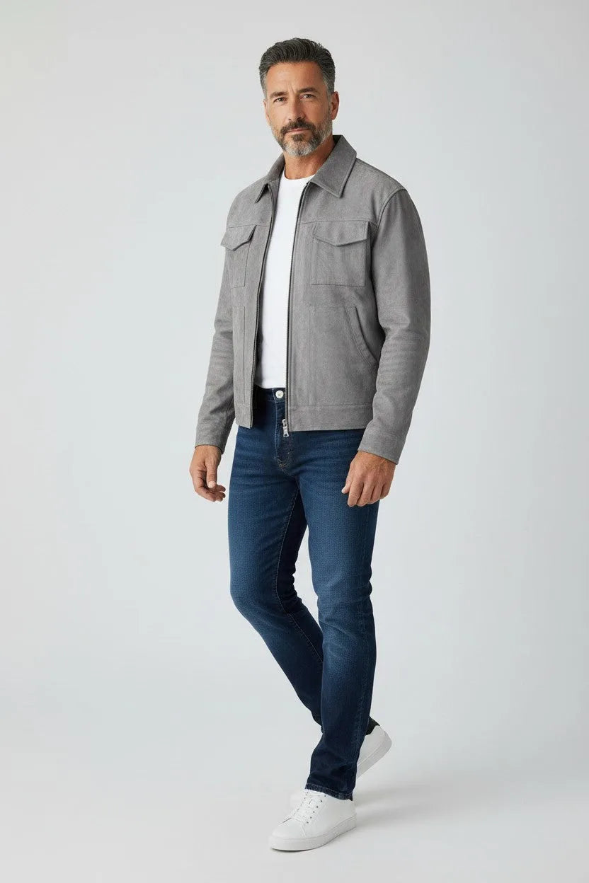 Full front view of the grey suede-effect jacket paired with a white tee, dark jeans and white sneakers.