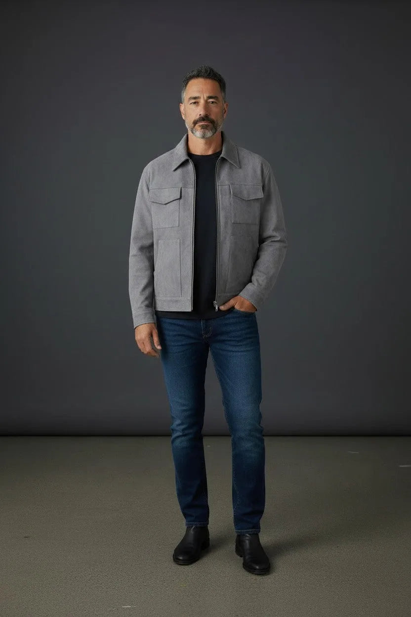 Front-facing shot of the grey trucker jacket zipped over a navy tee, styled with jeans and black boots.