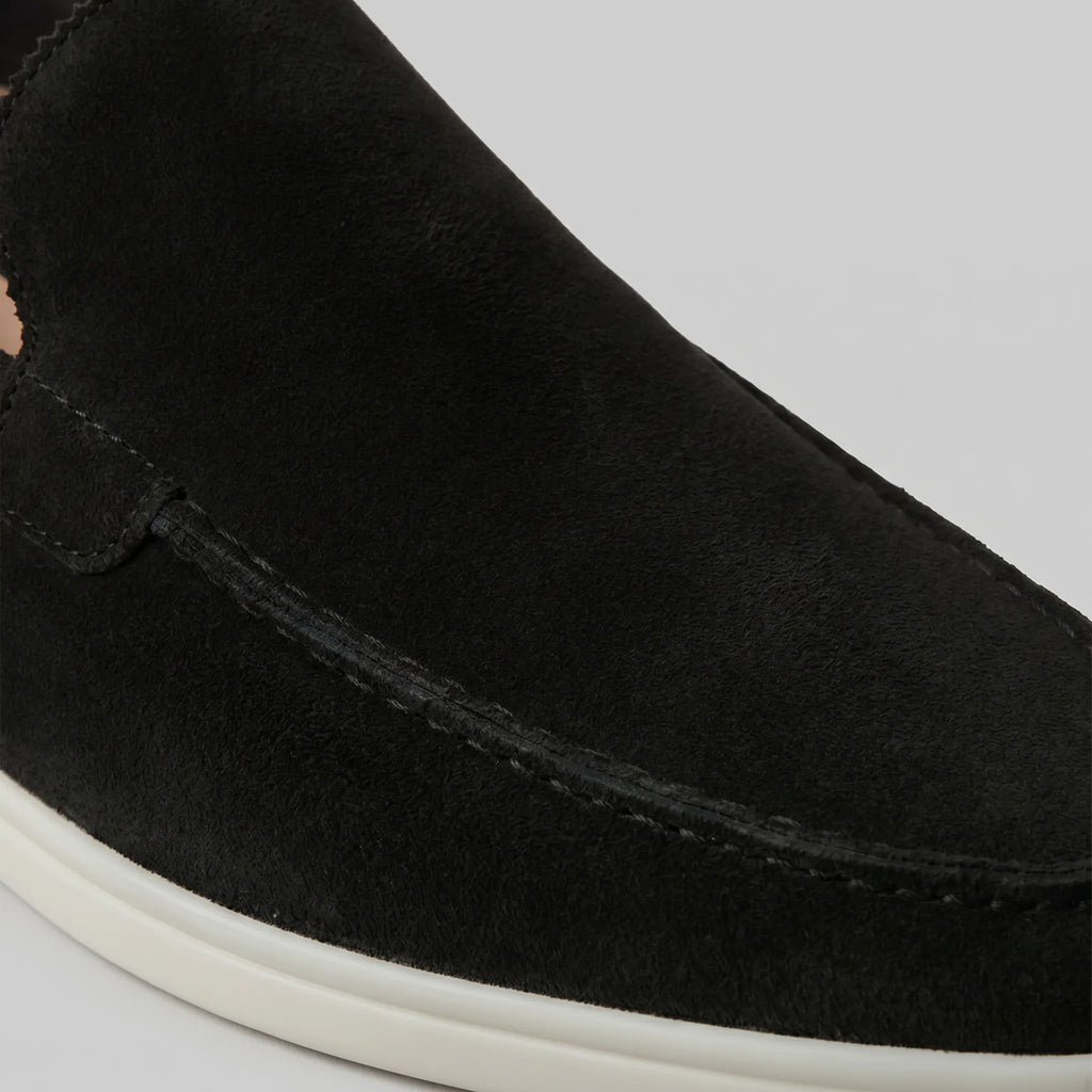 Rear view of dark brown suede loafers showing the white outsole and heel seam