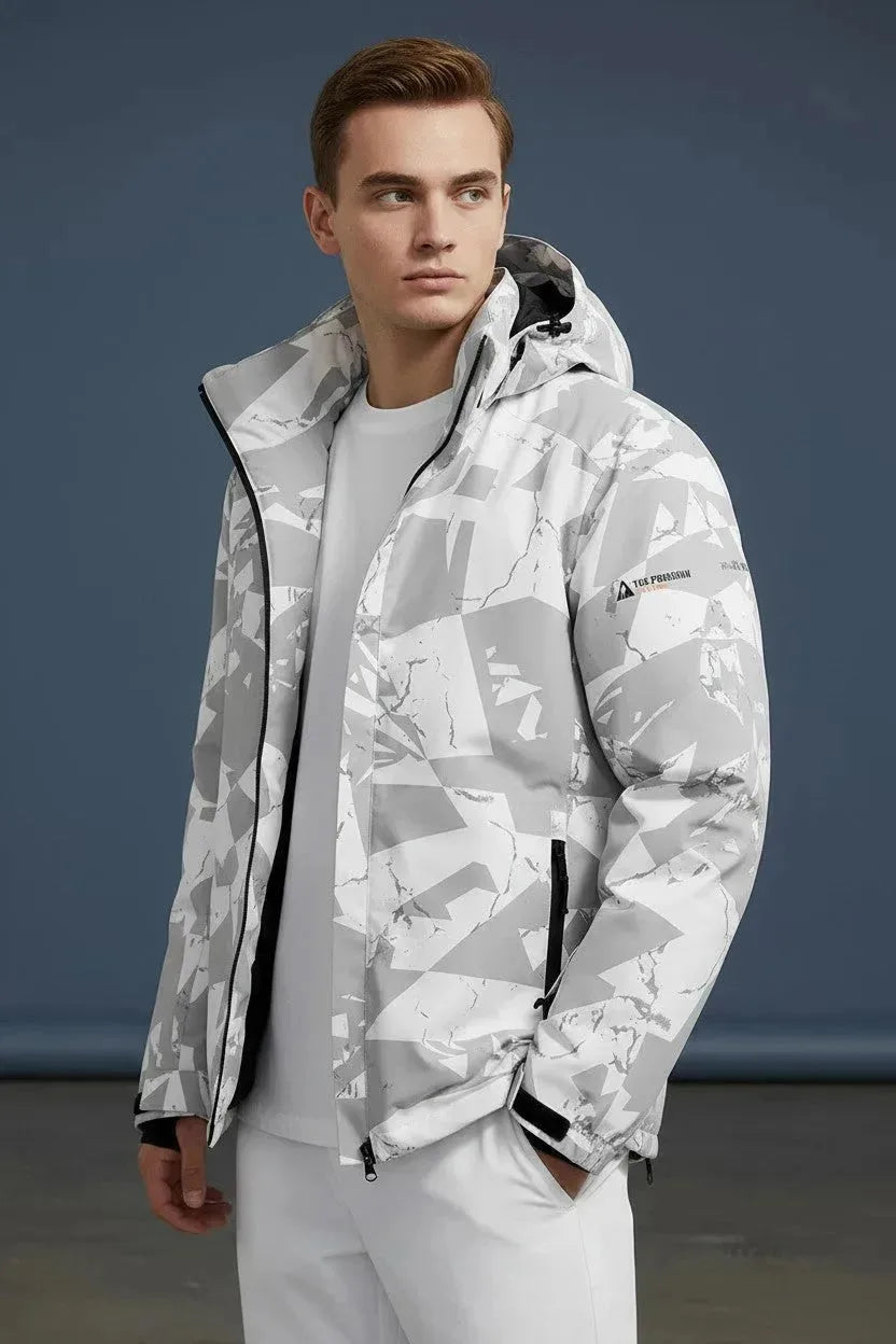 Three-quarter view of the grey camo hooded jacket unzipped, hands in pockets, showing the relaxed fit