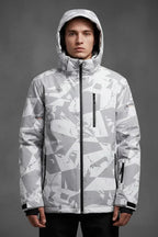 Straight-on front view of the zipped jacket showing the full grey and white camo print and chest zip pocket detail