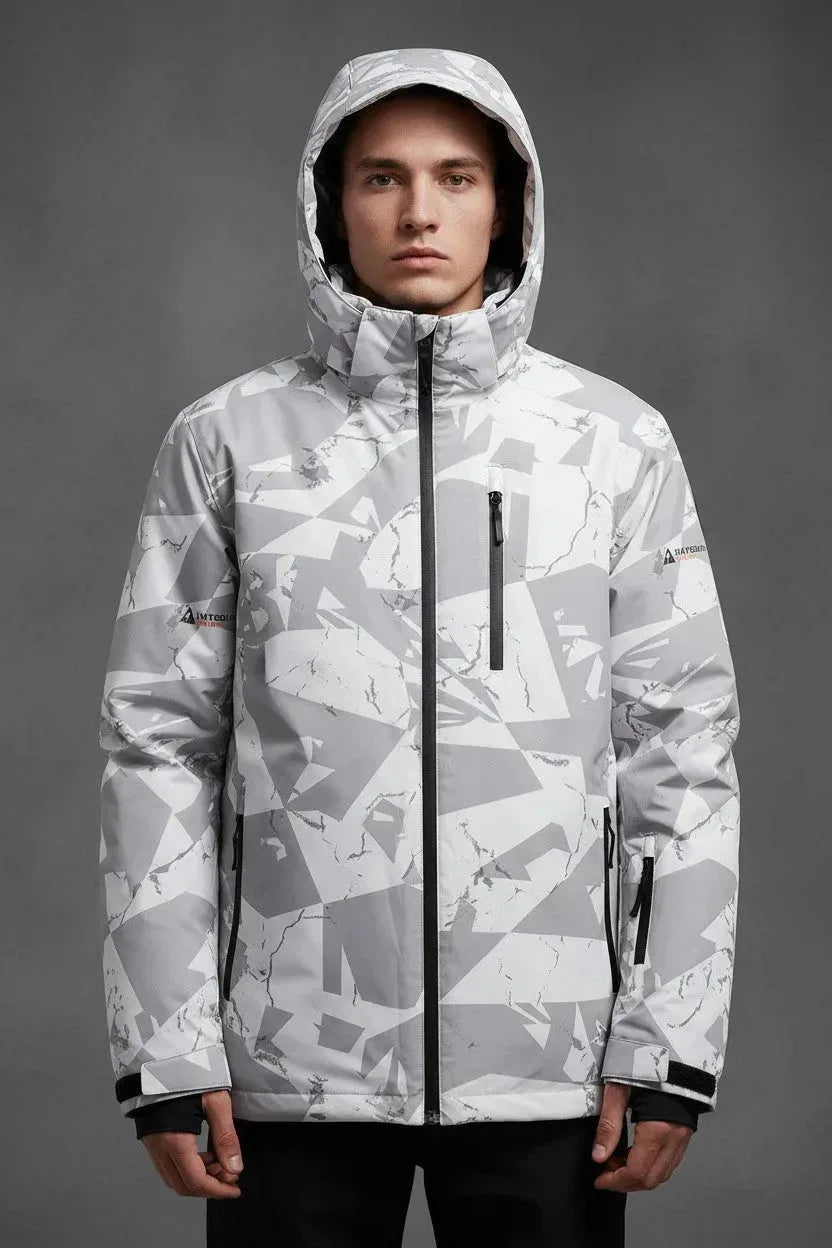 Straight-on front view of the zipped jacket showing the full grey and white camo print and chest zip pocket detail