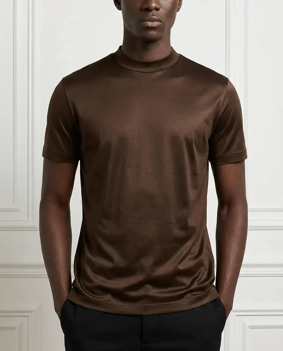 Front close-up of brown t-shirt showing the smooth sheen of mercerised cotton fabric