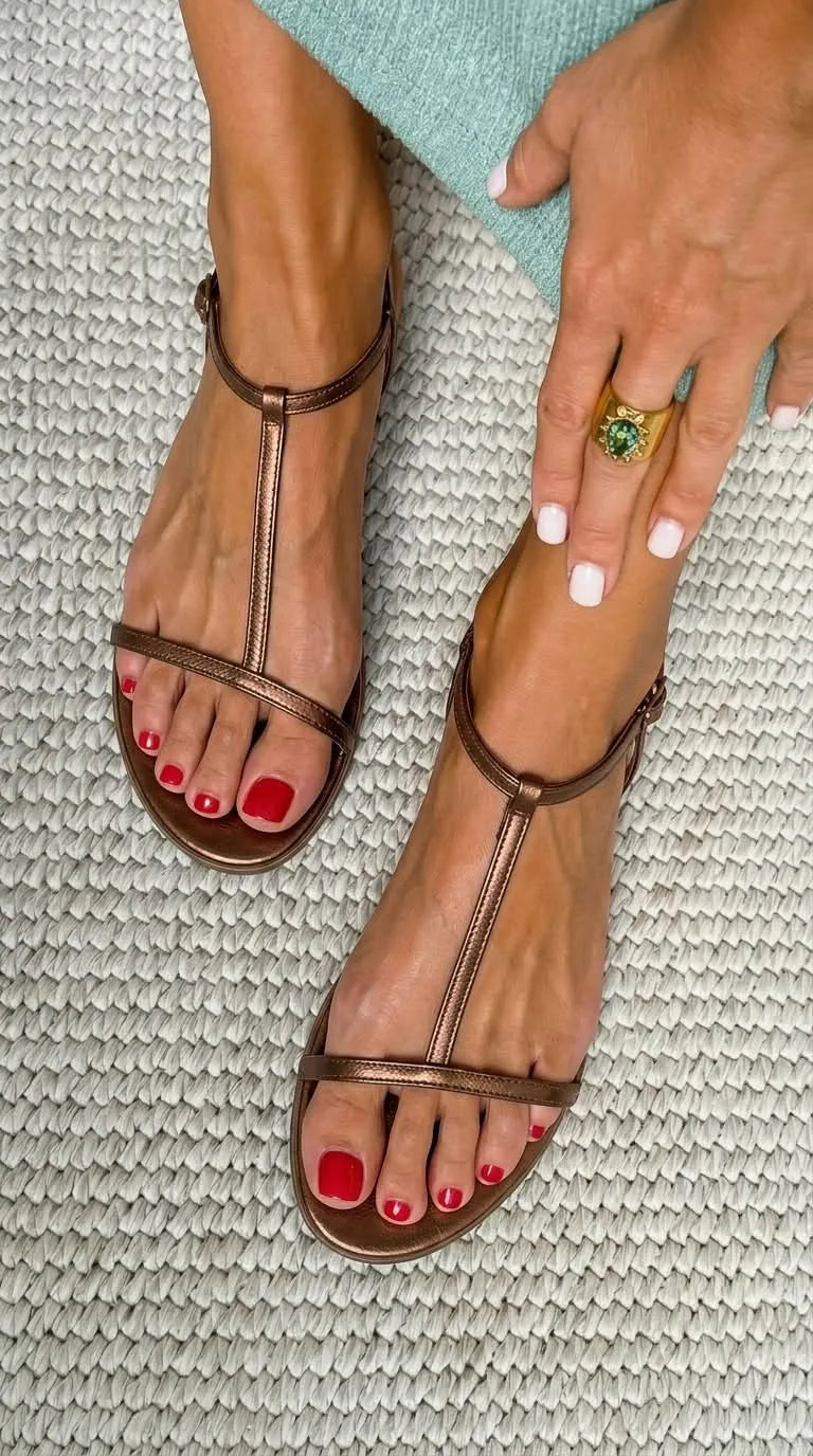 Bronze metallic T-strap flat sandal shown from above, slim straps and open round toe on a jute mat
