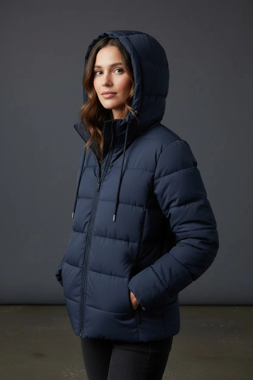 Woman wearing a navy quilted puffer jacket with the hood up, side angle view showing drawstring toggles and zip