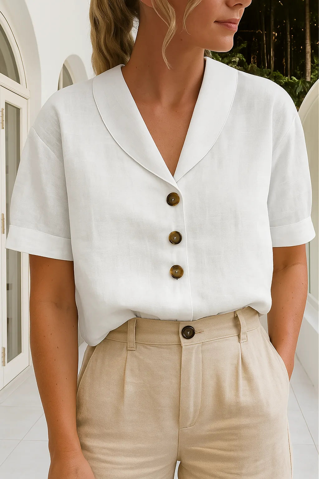 Close-up front view of a white linen-look blouse with notch collar, three tortoiseshell buttons and short cuffed sleeves