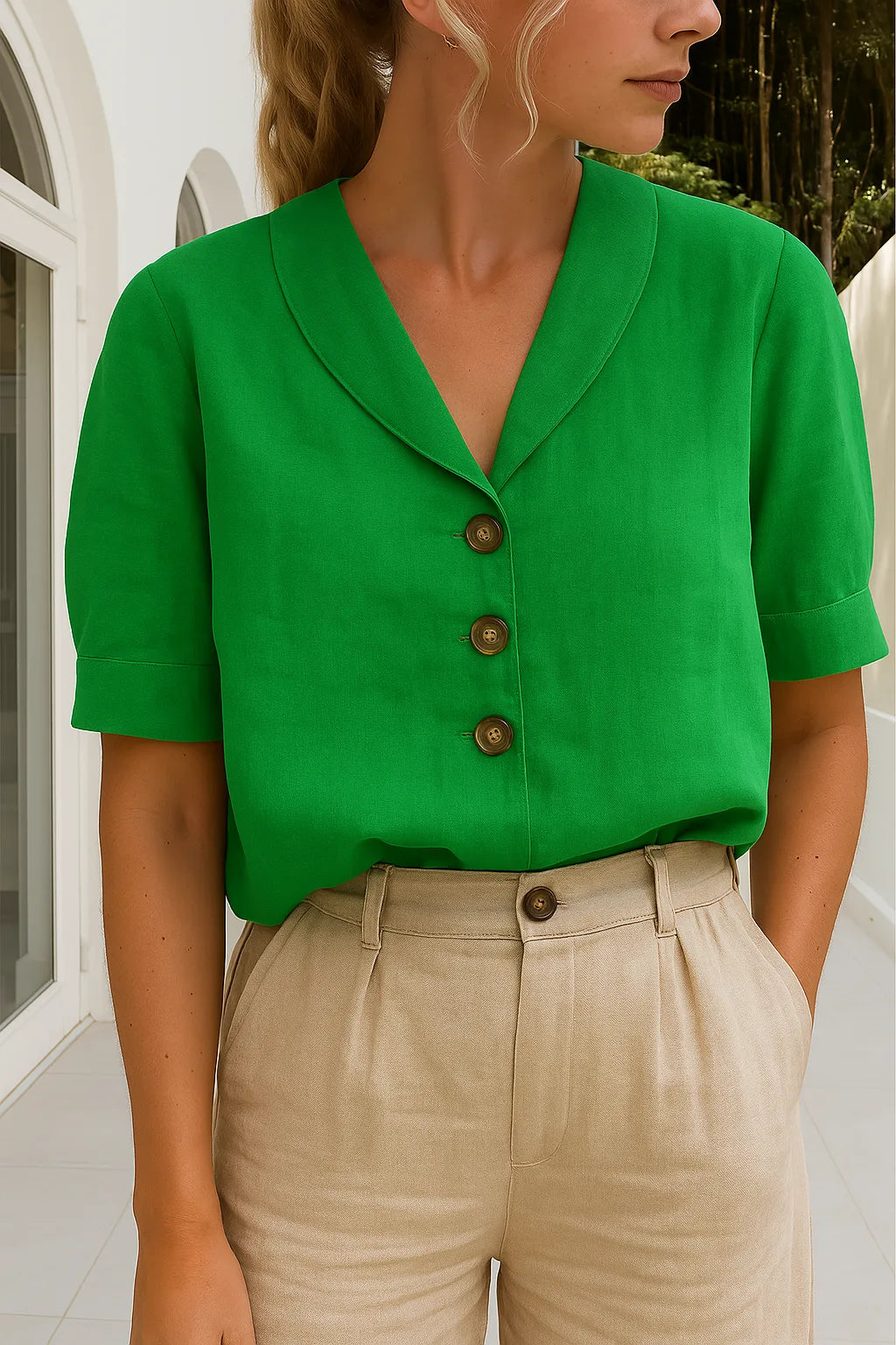 Green short-sleeve blouse with notch lapel collar and tortoiseshell buttons, paired with beige tailored trousers