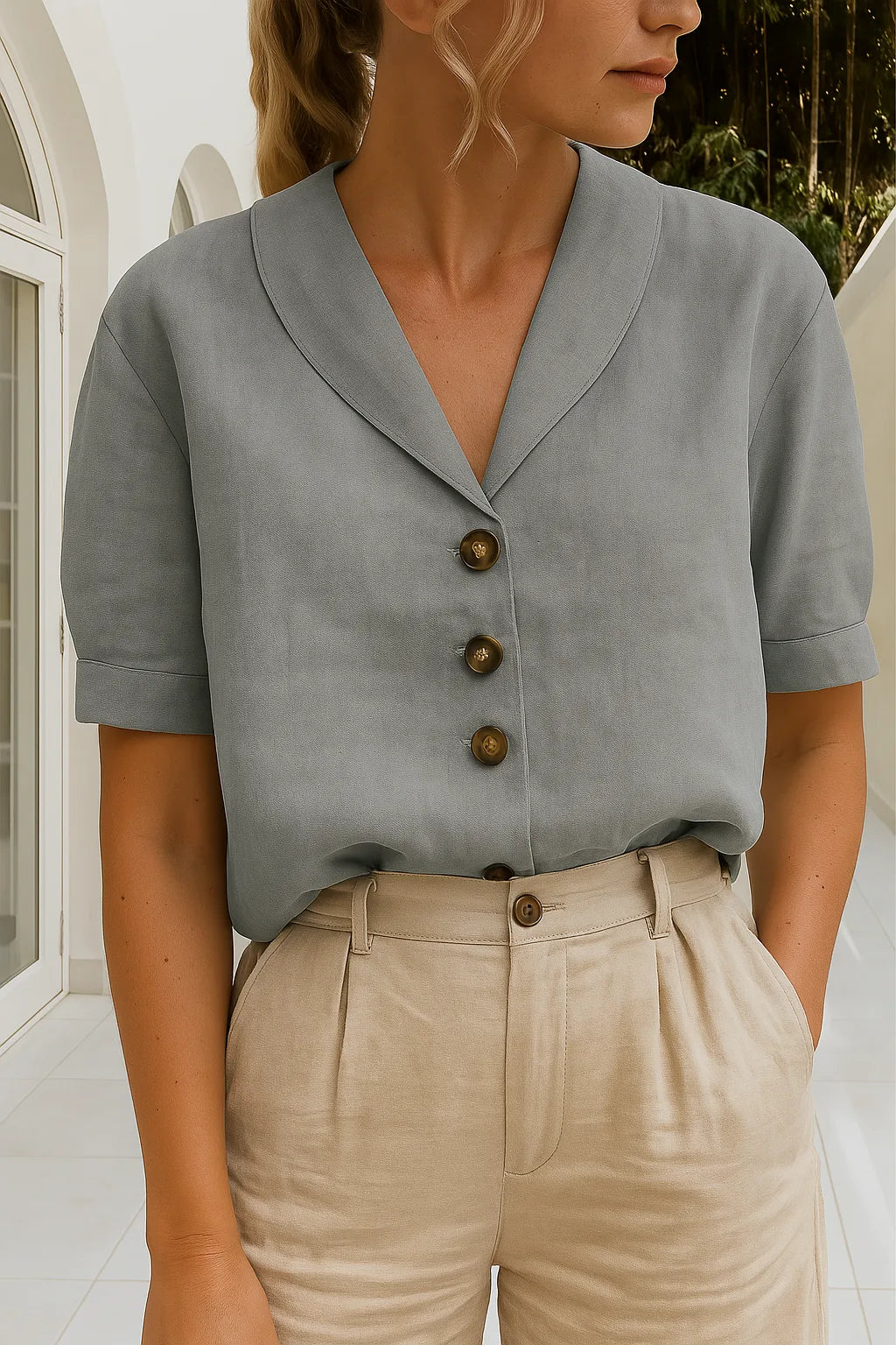 Grey notch-collar blouse with cuffed short sleeves and horn-style buttons worn with high-waisted beige trousers