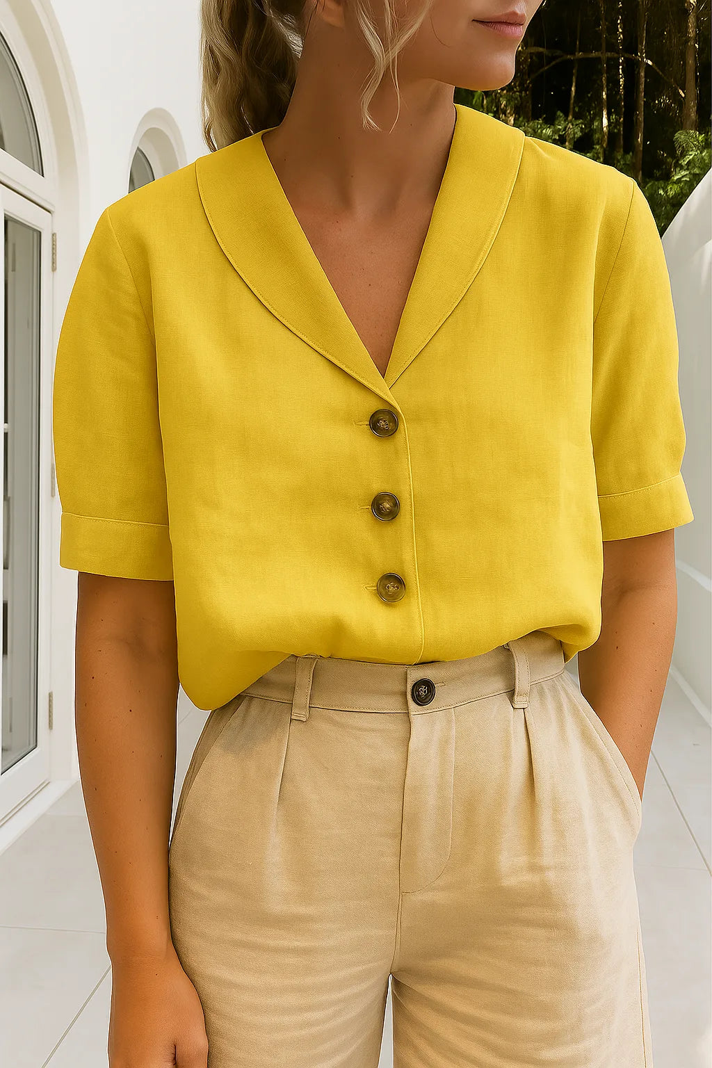Bright yellow blouse with soft collar, button-front placket and turned-back cuffs on short sleeves