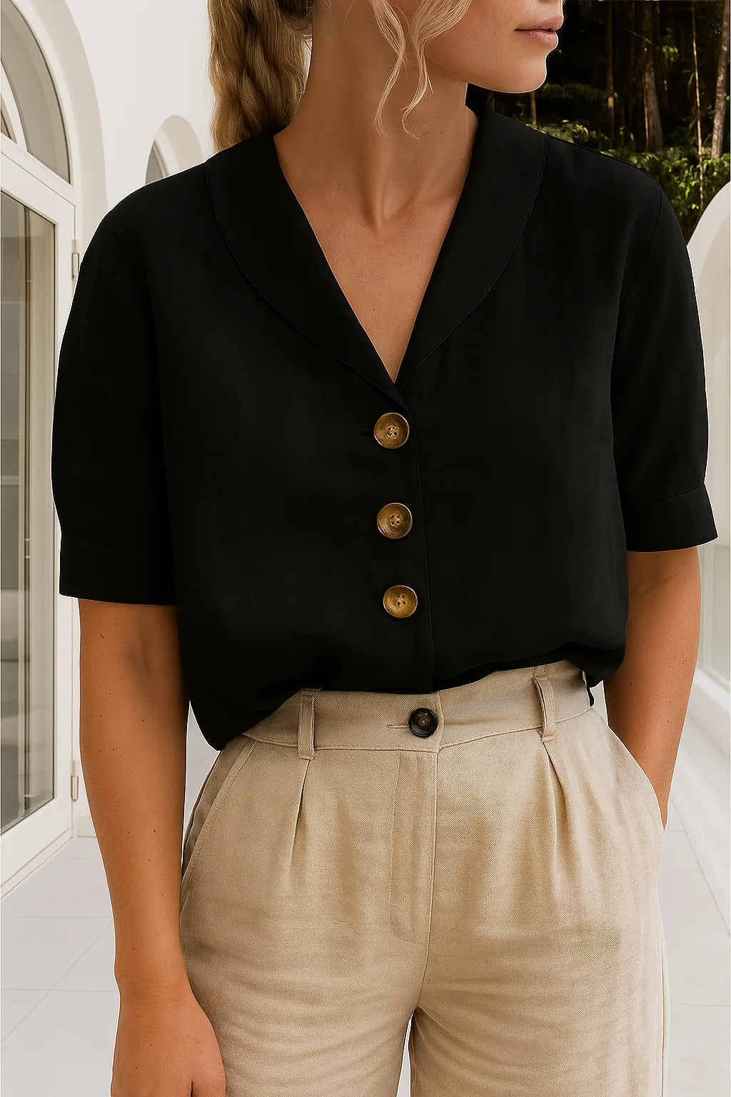 Black notch-collar blouse with gold-tone buttons and short cuffed sleeves styled with beige trousers