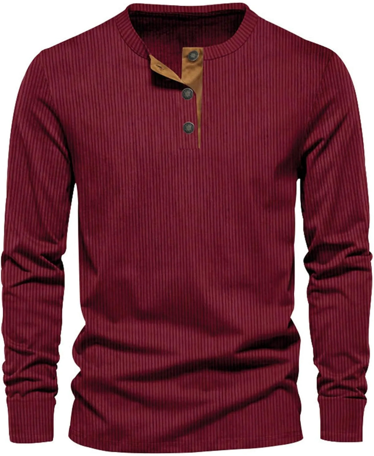 Dark red ribbed long-sleeve henley tee with tan button placket and crew neckline, front view