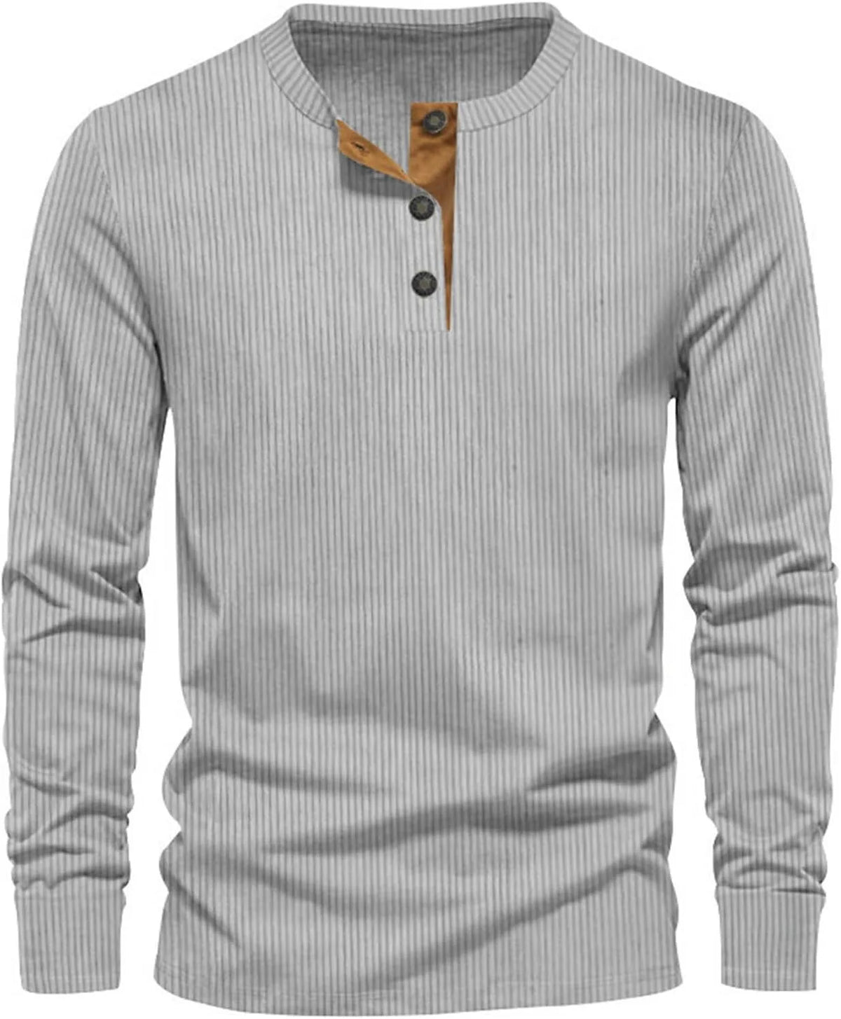 Light grey ribbed henley tee with tan button trim at the neckline, long sleeves shown front on