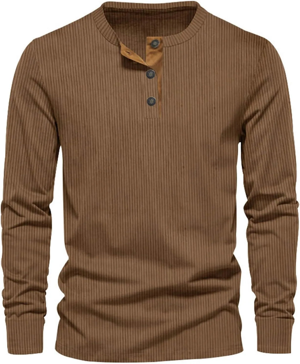 Brown ribbed long-sleeve henley shirt with matching tan placket and dark buttons, front view