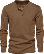 Brown ribbed long-sleeve henley shirt with matching tan placket and dark buttons, front view