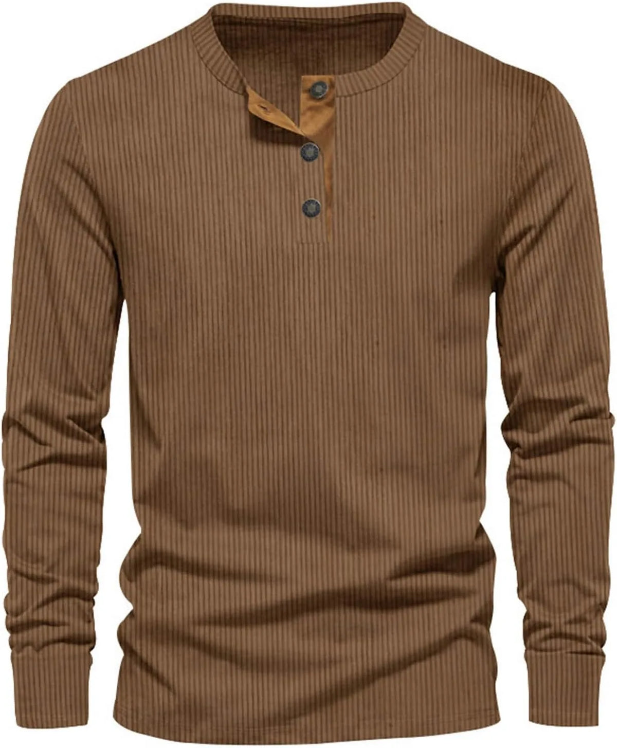 Brown ribbed long-sleeve henley shirt with matching tan placket and dark buttons, front view