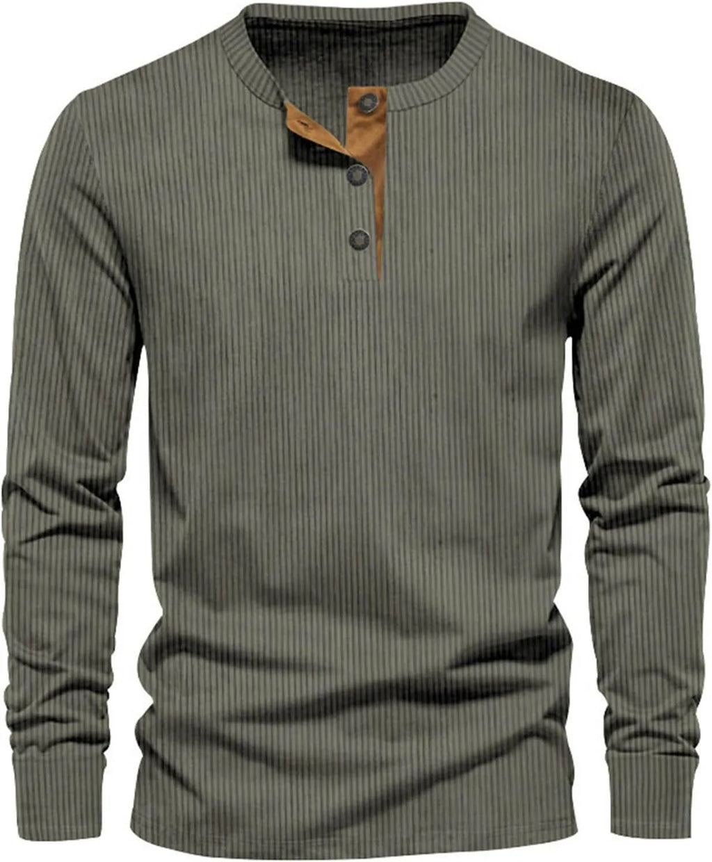 Dark green ribbed henley tee with tan contrast placket and three buttons, long sleeves front view