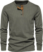 Dark green ribbed henley tee with tan contrast placket and three buttons, long sleeves front view