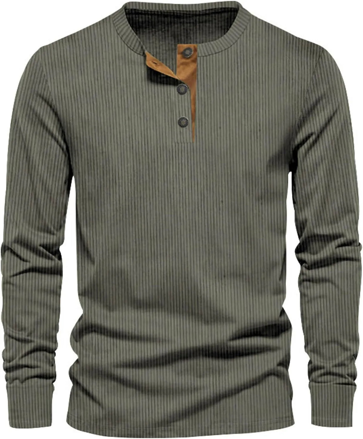 Dark green ribbed henley tee with tan contrast placket and three buttons, long sleeves front view