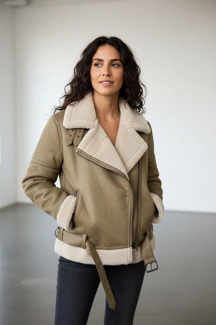 Woman wearing a khaki faux suede aviator jacket with cream shearling collar, standing indoors with hands in pockets