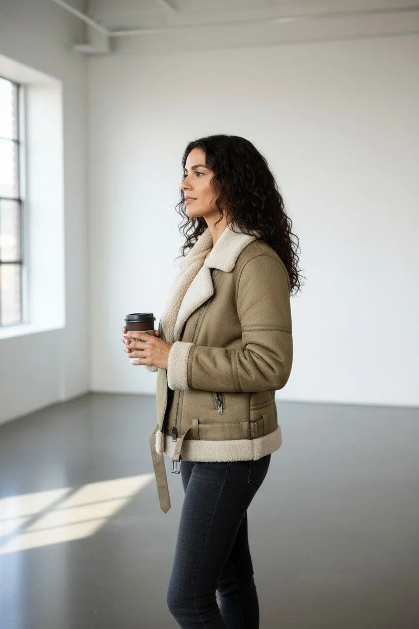 Side profile of the khaki aviator jacket showing the shearling cuff and collar detail while holding a coffee cup