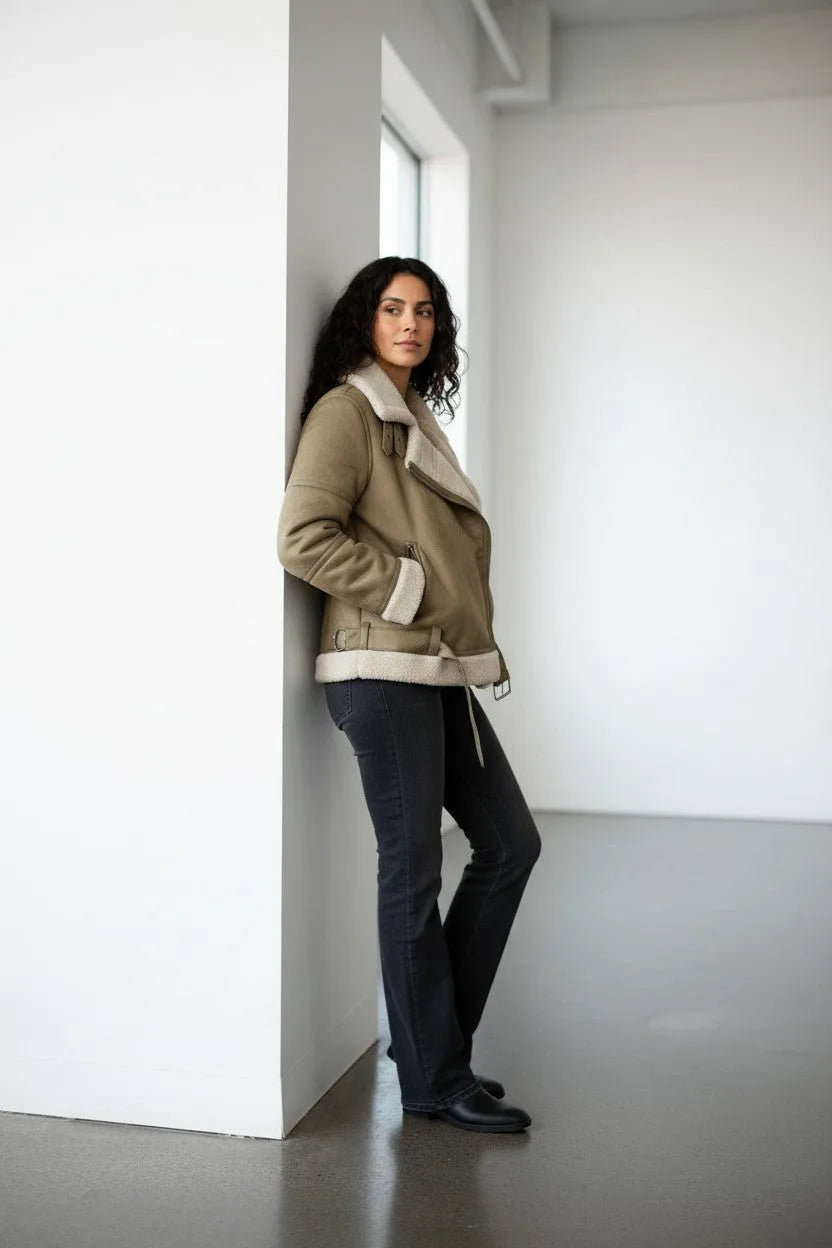 Full-length side view of the aviator jacket with belt tied at the waist, paired with dark denim and ankle boots