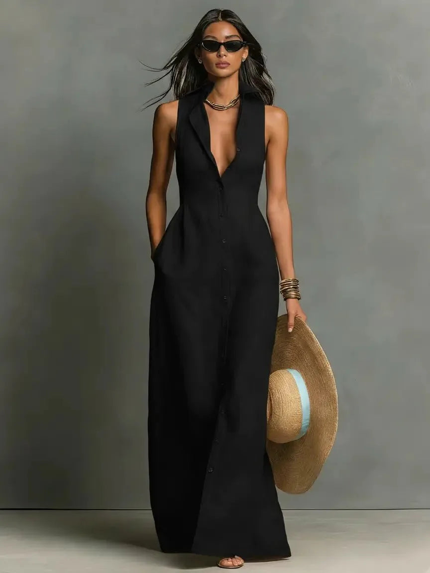 Front view of the black sleeveless collared maxi dress with plunging button-front neckline