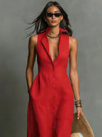Close-up front view of the red collared maxi dress highlighting the textured fabric and button detail