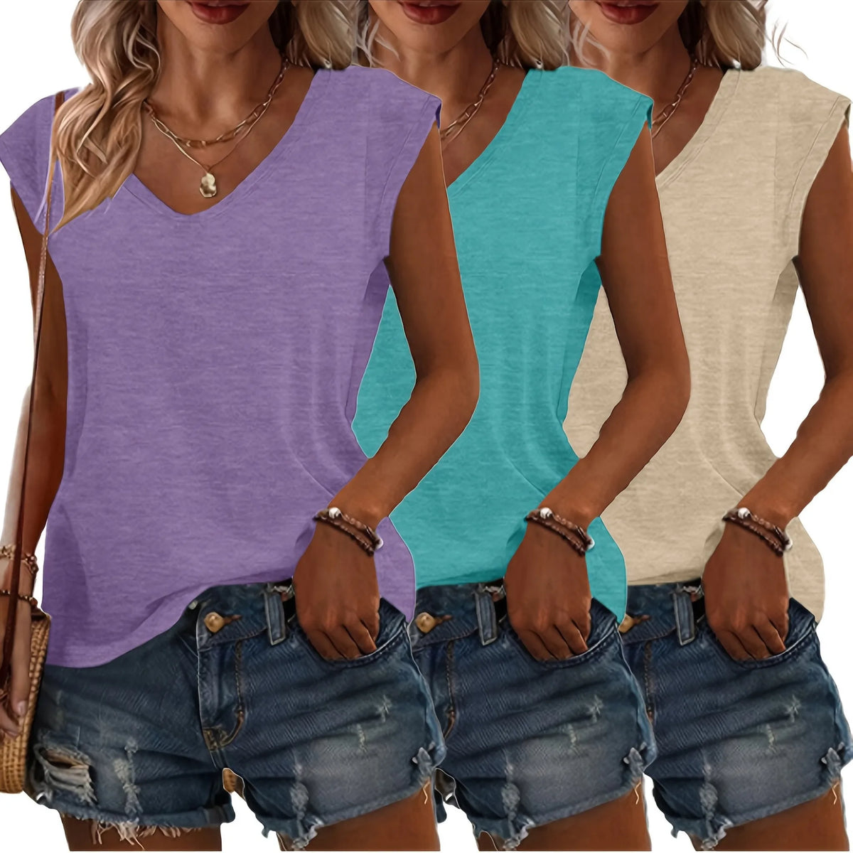 Model wearing a sleeveless V-neck tee with a crossbody bag, showing the relaxed fit through the body