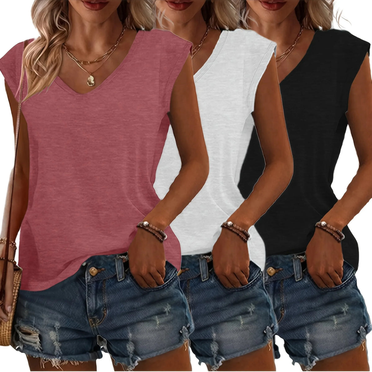 Sleeveless V-neck tees in dusty rose, white and black, paired with denim shorts for a casual look