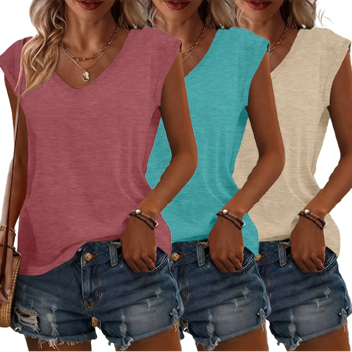 Sleeveless V-neck tees in dusty rose, teal and khaki, styled with a tote bag and denim shorts