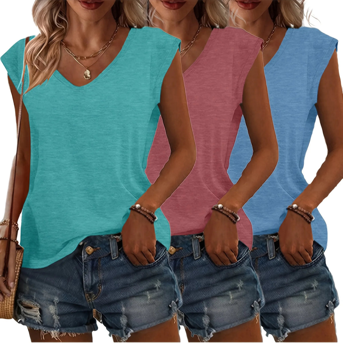 Sleeveless V-neck tees in teal, dusty rose and light blue, worn with denim shorts and gold jewellery