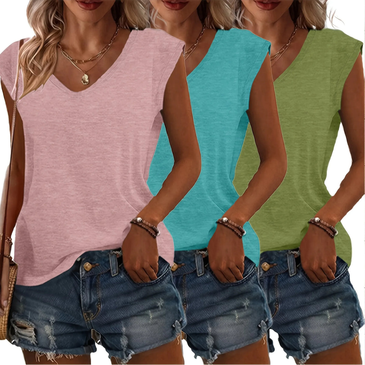 Sleeveless V-neck tees in blush pink, teal and olive green, layered over denim shorts