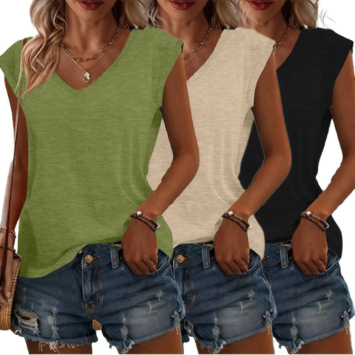 Close-up of the V-neckline and shoulder seam detail on a sleeveless tee in soft heathered fabric