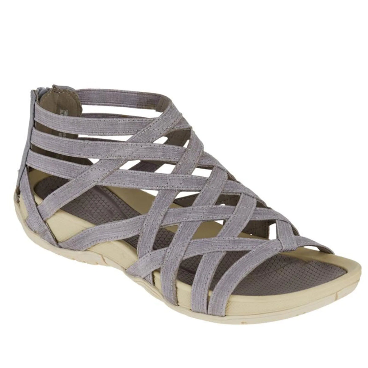 Light grey woven strappy sandal shown at an angle, with crisscross straps and a beige rubber sole.