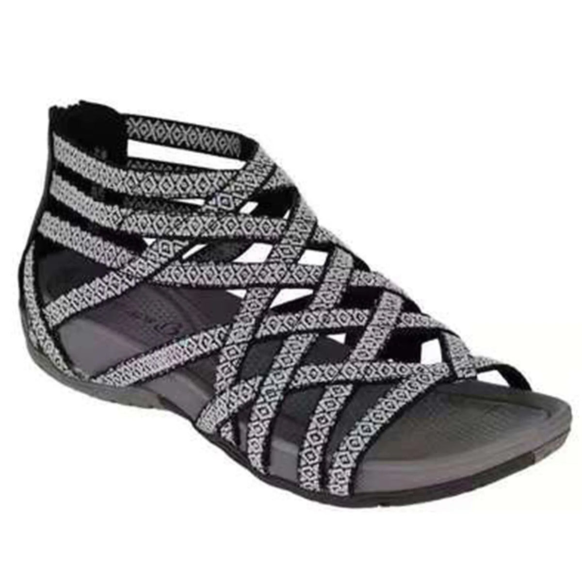 Black and white patterned strappy gladiator sandal with diamond print straps and rear zip closure.