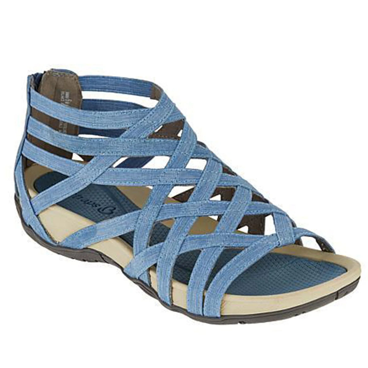 Light blue strappy sandal with crisscross woven straps, tan sole and back zip entry.