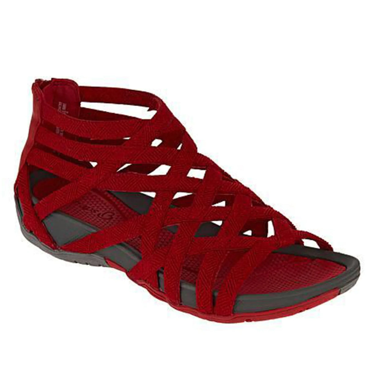 Deep red strappy gladiator sandal with textured woven straps and a dark grippy outsole.