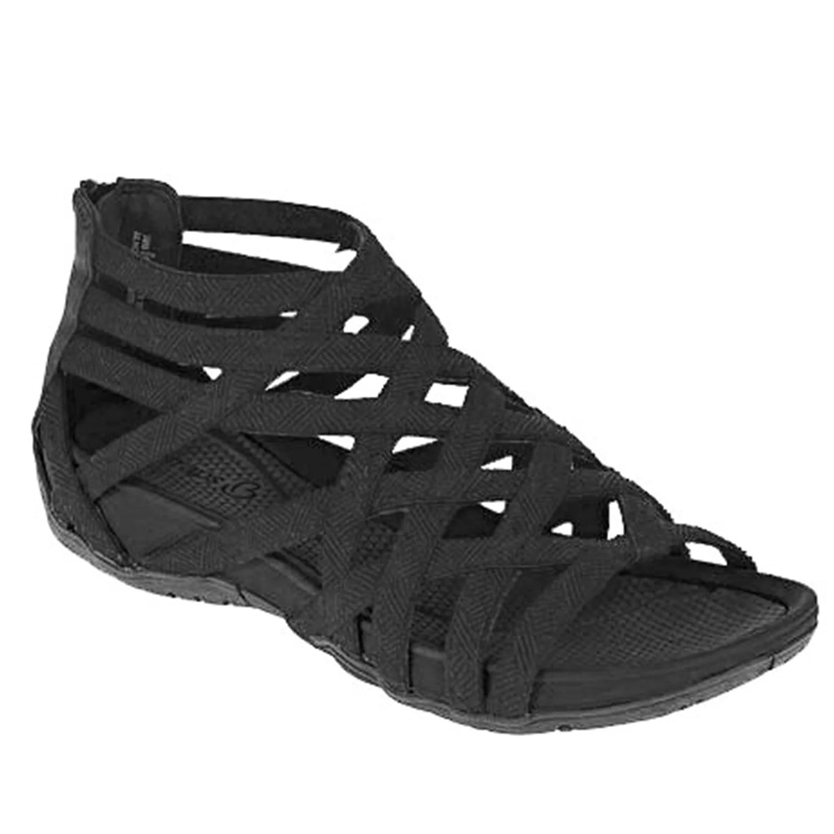 Black strappy gladiator sandal with crisscross straps, cutout detailing and a matching sole.