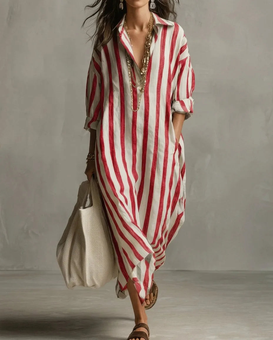 Red and white striped linen maxi shirt dress with buttoned collar, loose relaxed fit and side pocket