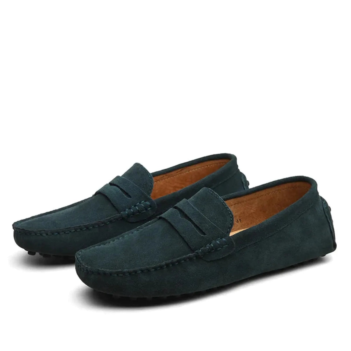 Top-down view of marine blue suede loafers showing the penny strap and clean upper profile