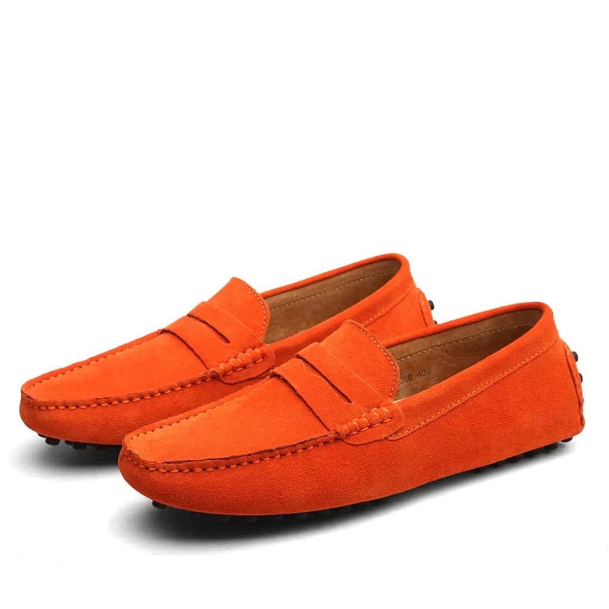 Orange suede loafers shown from the heel angle highlighting the rounded back and sole grip