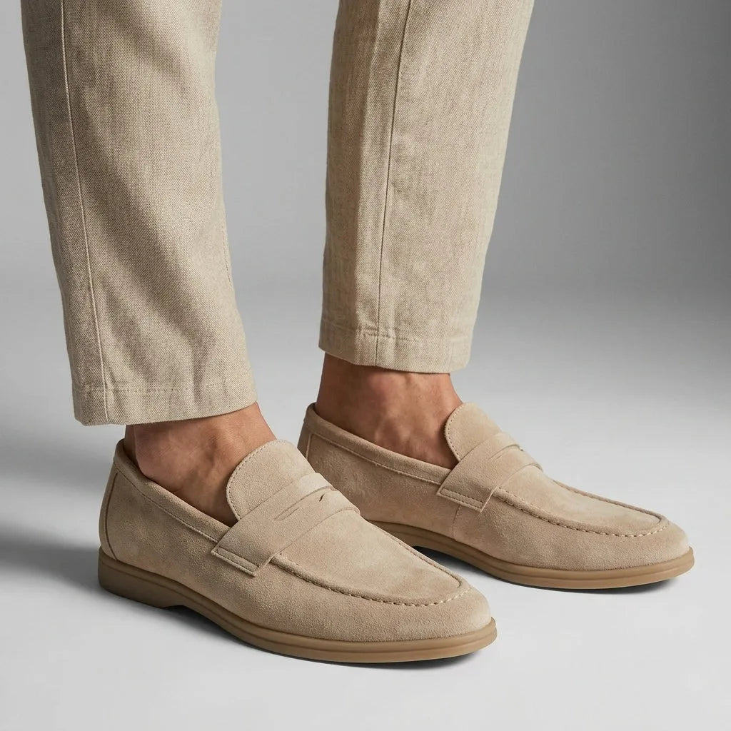 Side profile of cream suede penny loafers worn with cropped beige trousers, highlighting the suede texture and heel