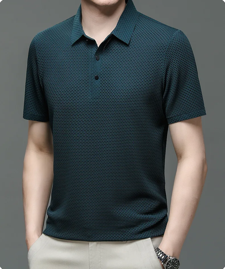 Textured Basket-Weave Button-Up Polo Shirt for Men image 10